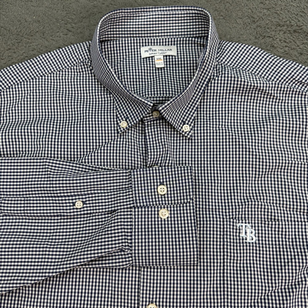 Peter Millar Button Down Shirt Mens XXL Blue Gingham Check Tampa Bay Rays L/S